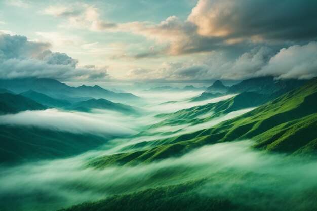 Mesmerizing scenery of green mountains with cloudy sky surface