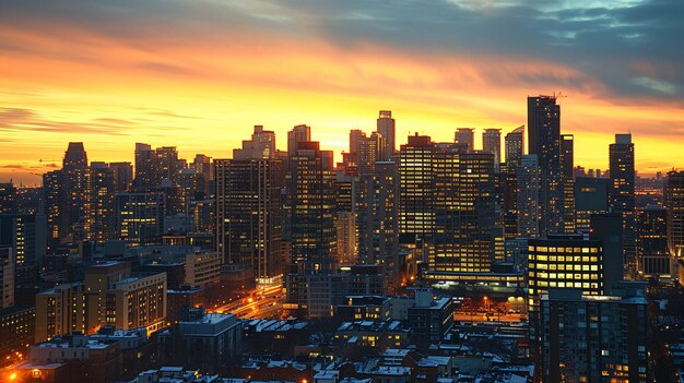 Foto un affascinante tramonto avvolge un paesaggio urbano moderno dove alti edifici per uffici scintillanti brillano brillantemente contro il ricco cielo serale