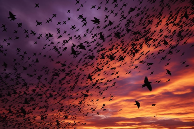 A mesmerizing sunset sky filled with a graceful flock of birds in flight