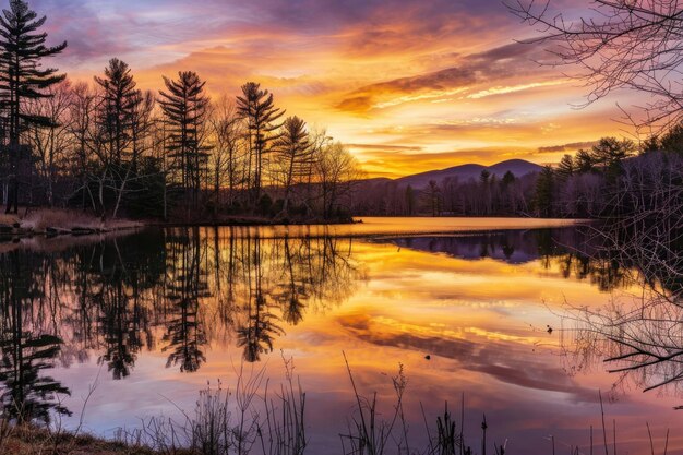 Foto un tramonto affascinante su un lago tranquillo