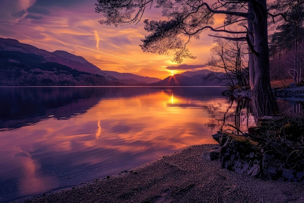 A mesmerizing sunset over a tranquil lake