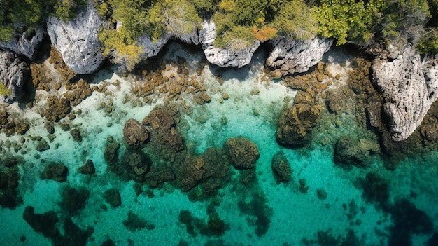 장면의 매혹적인 색상과 평화로운 분위기를 보여주는 고요한 석호의 매혹적인 하향식 사진