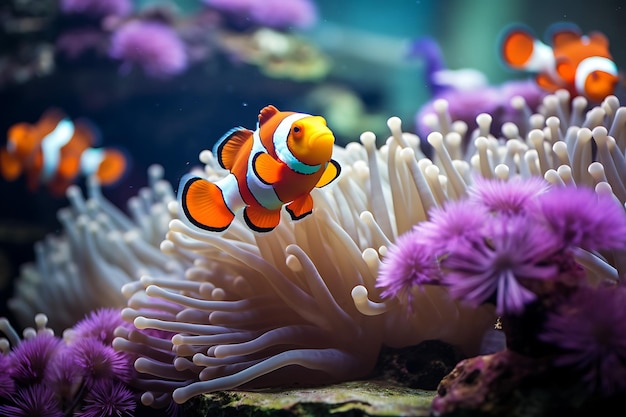 A mesmerizing underwater garden of anemones and clownfish realistic photo