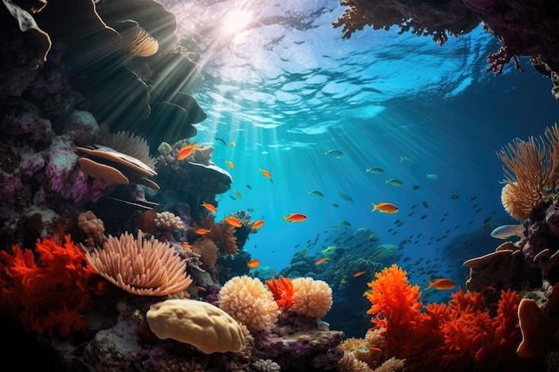 An mesmerizing underwater view of a vibrant coral reef illuminated by sunlight penetrating the crystalclear water An underwater view of a vibrant coral reef teeming with fish AI Generated