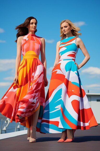 In a mesmerizing vibrant color ensemble inspired by geometry two young swedish girls pose
