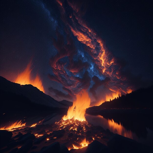 夜空に火花と残り火が舞う、燃え盛る炎の魅惑的な眺め