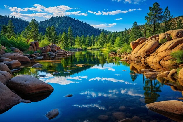 Mesmerizing view of a small lake on background of rocks