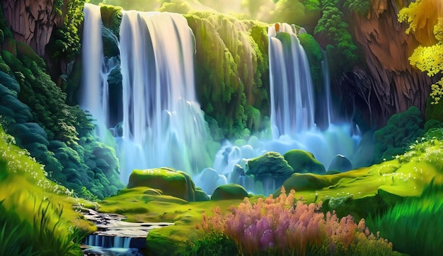 A mesmerizing wallpaper capturing the serenity of a majestic waterfall nestled in a lush