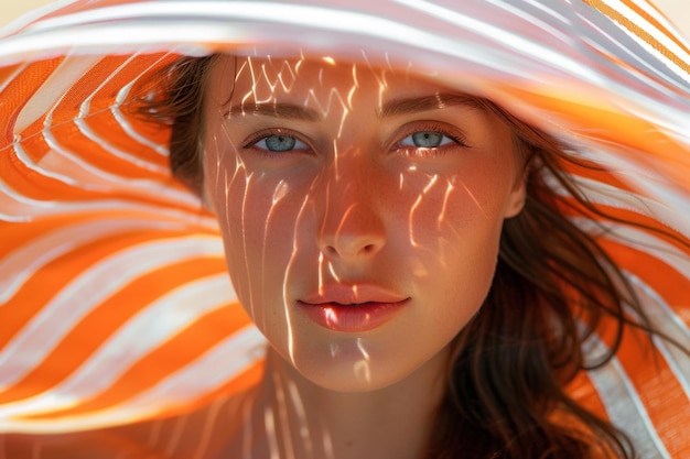 Mesmerizing Woman with Striking Blue Eyes Captured Through Artistic Orange Striped Shadows