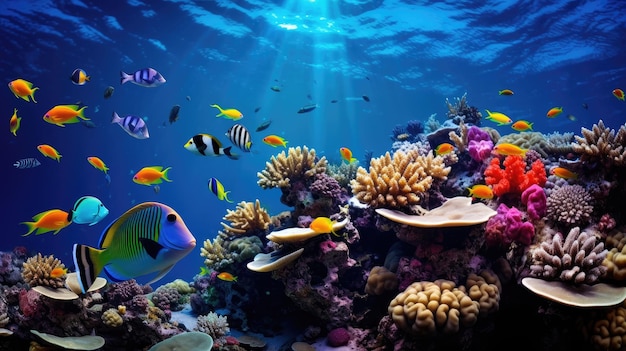 열대 해양 생명을 보여주는 생생한 장면으로 수중 경이로운 세계, 다채로운 물고기와 복잡한 산호초.