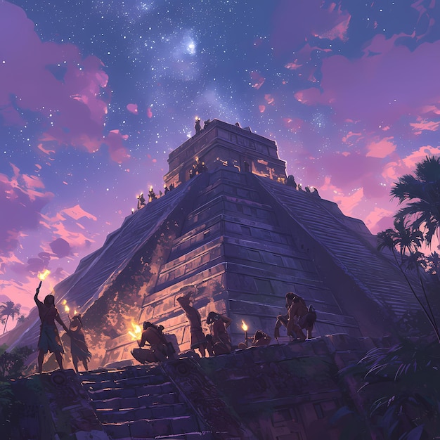 Mesoamerican Pyramid under Starry Night Sky Premium AI generated image