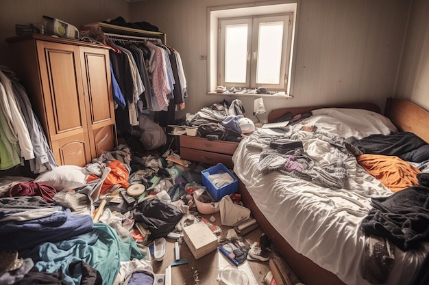 写真 10代の部屋の混乱服は箪笥の床に散らばっています