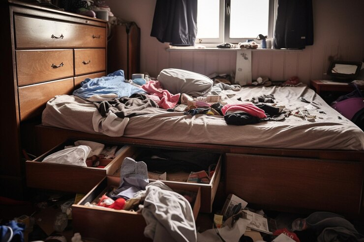 Photo mess in a teenager's room clothes are strewn across the chest of drawers floor
