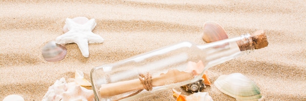 Messaggio in bottiglia sulla spiaggia.