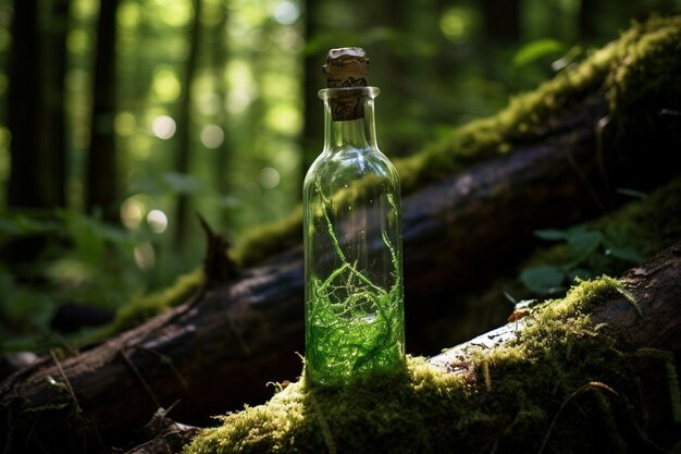 Photo message in a bottle in the forest