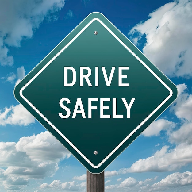 Photo message drive safely on green road sign with blue sky background