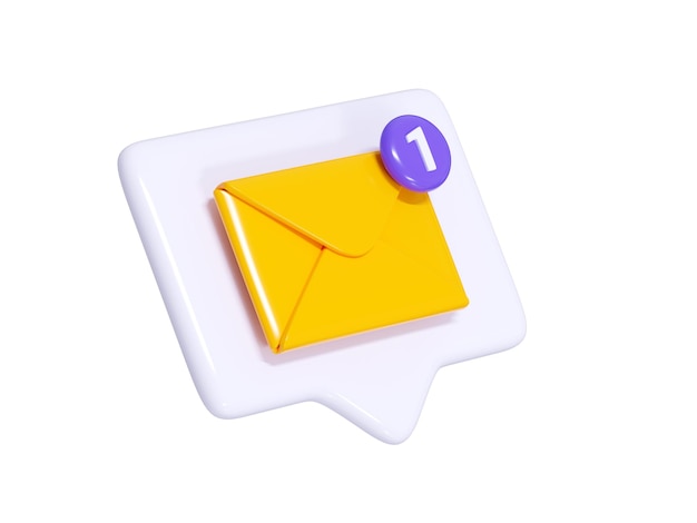 Photo message notification 3d render yellow closed envelope with number notice on white speech bubble