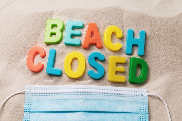 A message on the sand made of plastic letters and a disposable medical mask a concept on the theme of a closed beach