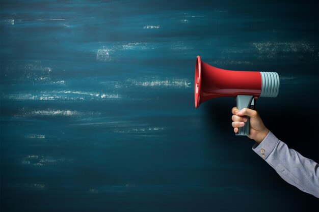 Photo message space megaphone and hand displayed on blue chalkboard backdrop