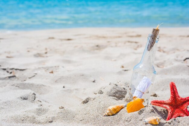 Photo messagge in a bottle on the beach