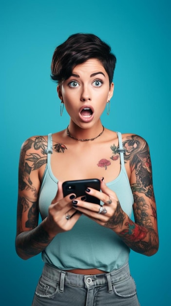 Foto messaggistica sullo smartphone scioccata giovane donna brunetta capelli corti tatuaggi e piercing al naso usando