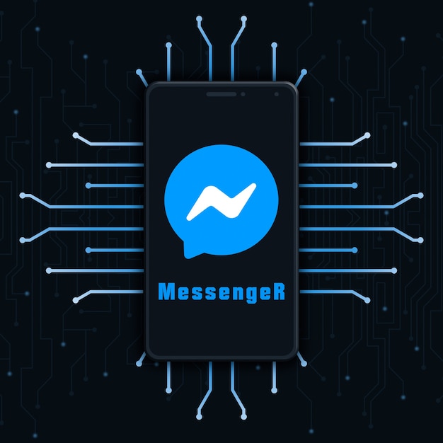 Значок логотипа Messenger на экране телефона на фоне технологии 3d