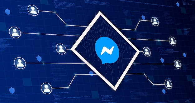 Messenger sociaal netwerkpictogram dat het systeem verbindt met andere gebruikers op een technologische achtergrond met code-elementen 3d
