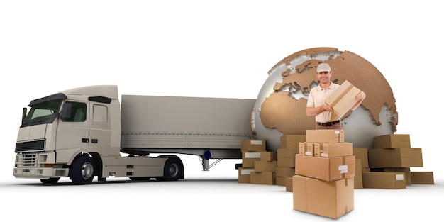 a messenger with a world map, packages and a truck as background