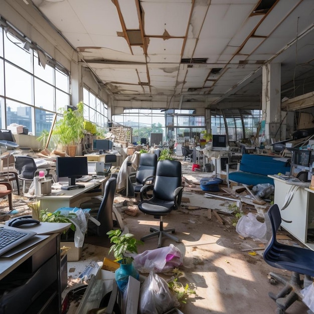 Foto ufficio disordinato e abbandonato dopo la chiusura dell'azienda