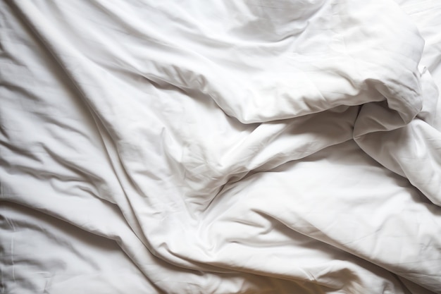 Messy bed. Unmade white blanket with sunlight through window. 