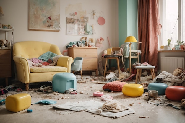 Photo messy children room with furniture and interior objects before and after cleaning flat