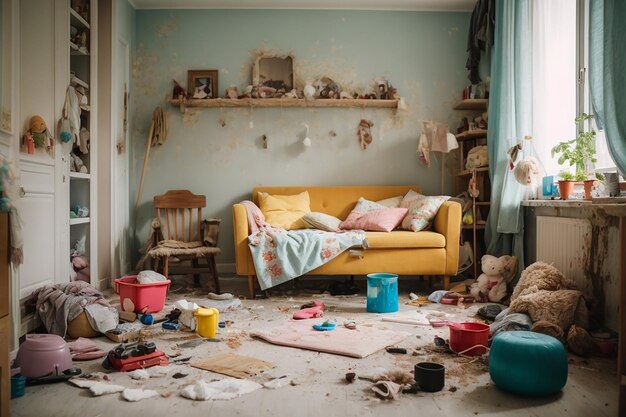 Photo messy children room with furniture and interior objects before and after cleaning flat