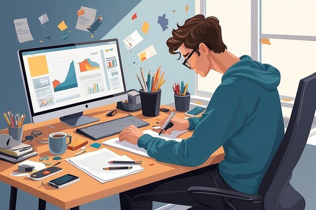 Photo messy desk realism vector working chaos flat style illustration