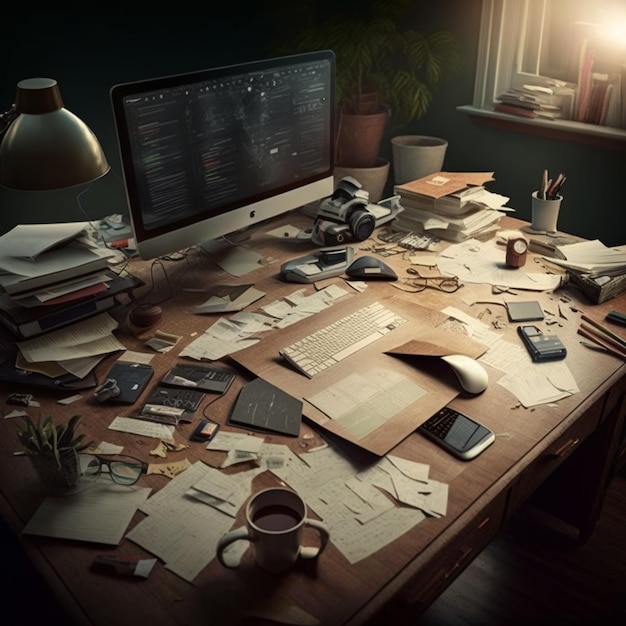 A messy desk with a computer and a keyboard on it.