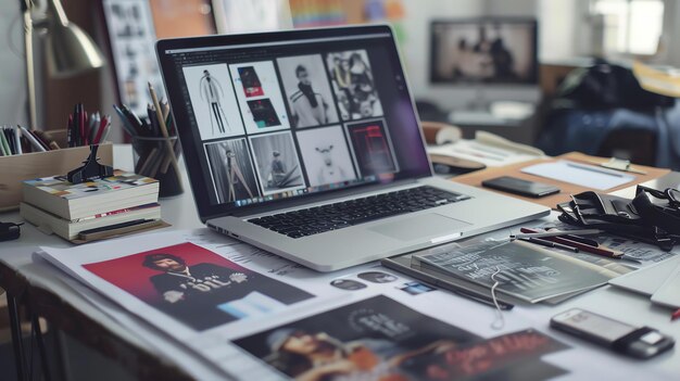 A messy desk with a laptop books papers and other supplies The laptop is open and displaying a variety of images