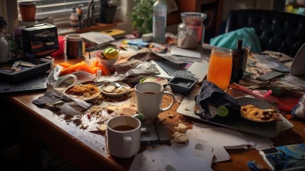 Photo a messy desk with papers coffee cups and other items ai