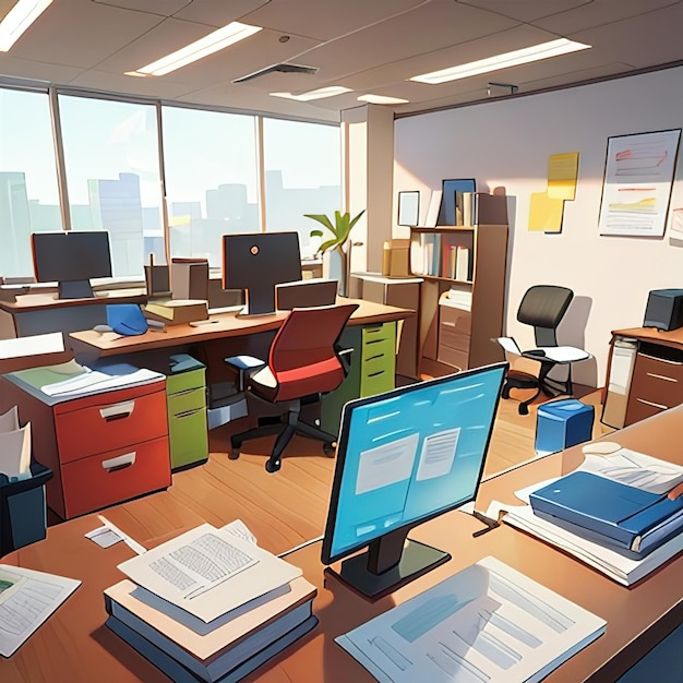 Photo messy disorganized office cute simple anime style illustration