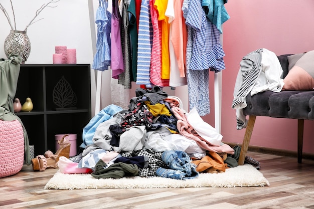 Photo messy dressing room interior with clothes rack