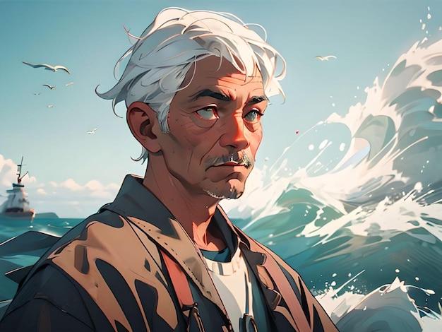 Messy Fisherman Portrait with Ocean Waves and Seagulls with Ship in Clear Sky