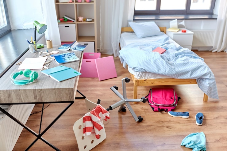 Photo messy home or kids room with scattered stuff
