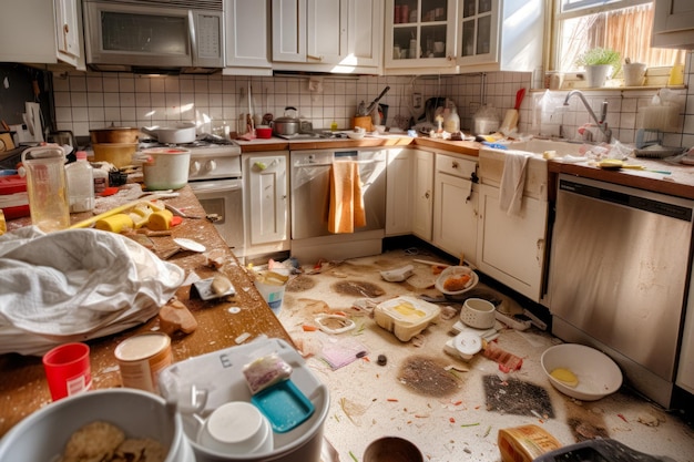 Photo messy kitchen with lot of clutter on the floor and dishes on the counter generative ai