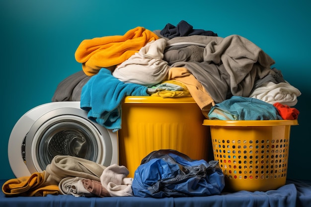 Грязная куча белья рядом с стиральной машиной, изображающая домашние дела и уборку