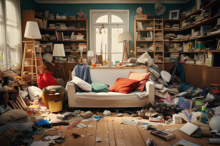 Photo messy living room with couch and bookshelves