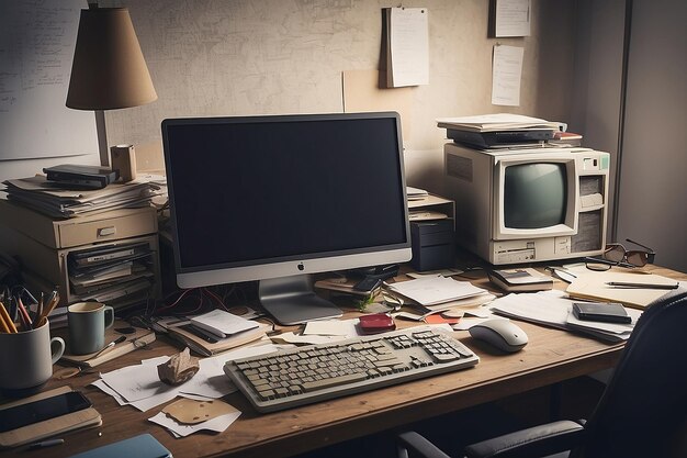 Фото Грязный офисный стол со старым компьютерным натюрмортом
