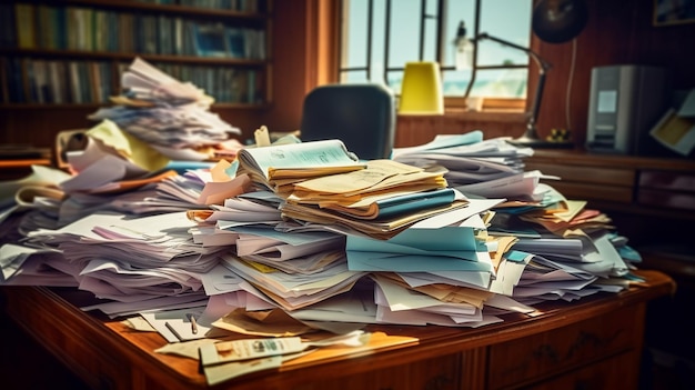 Messy office desk with piles of papers and documents generative ai