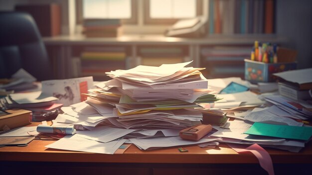 Messy office desk with piles of papers and documents generative ai