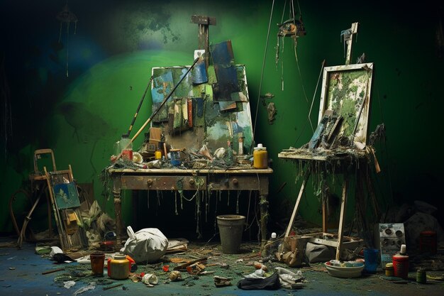 写真 緑色の絵画の隣に混乱した絵の道具