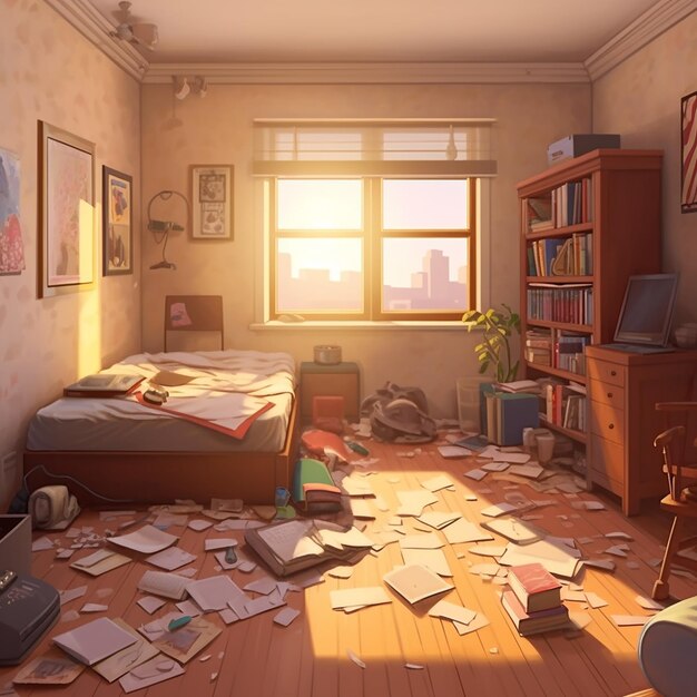 a messy room with a bed books and a book on the floor