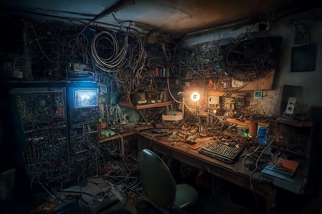 A messy room with a bunch of wires and a computer monitor that says'the word'on it '