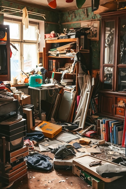 Messy room with lots of clutter and junk